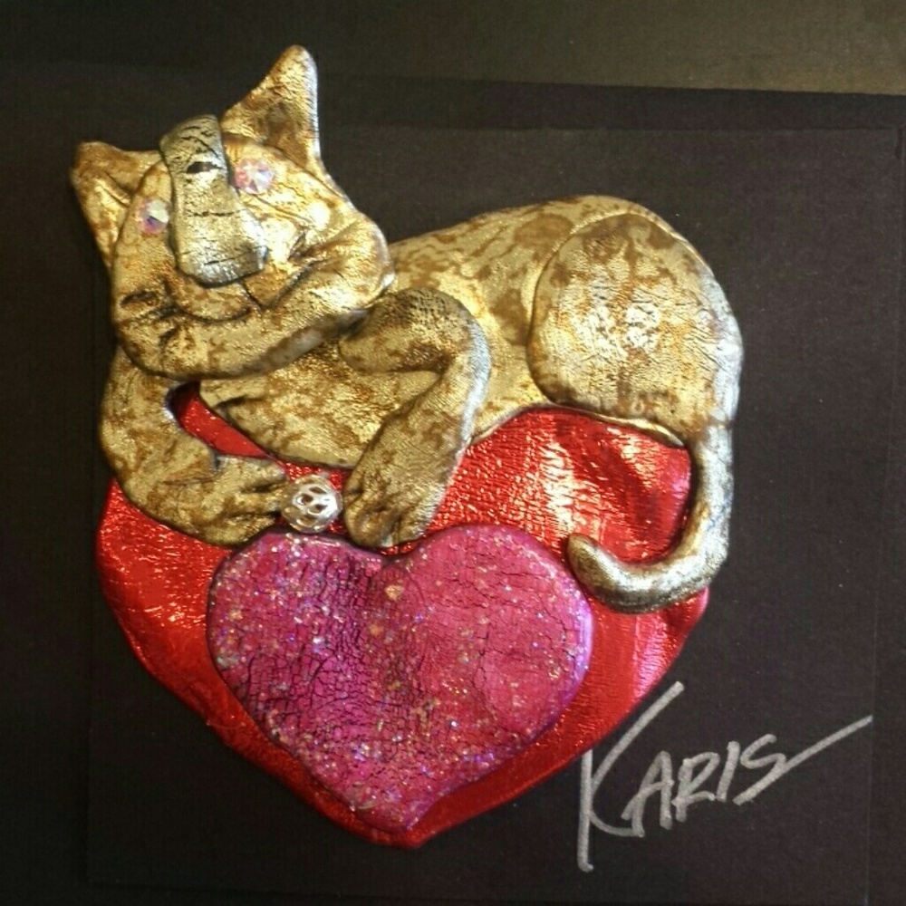 Gold Kitty Cat Lounging on Heart - SOLD!